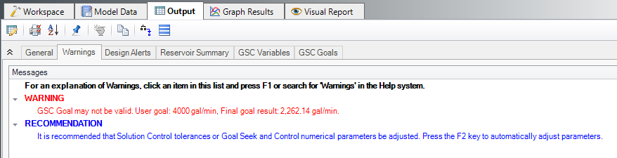 The Warnings tab of the Output window showing a warning that a goal cannot be met.